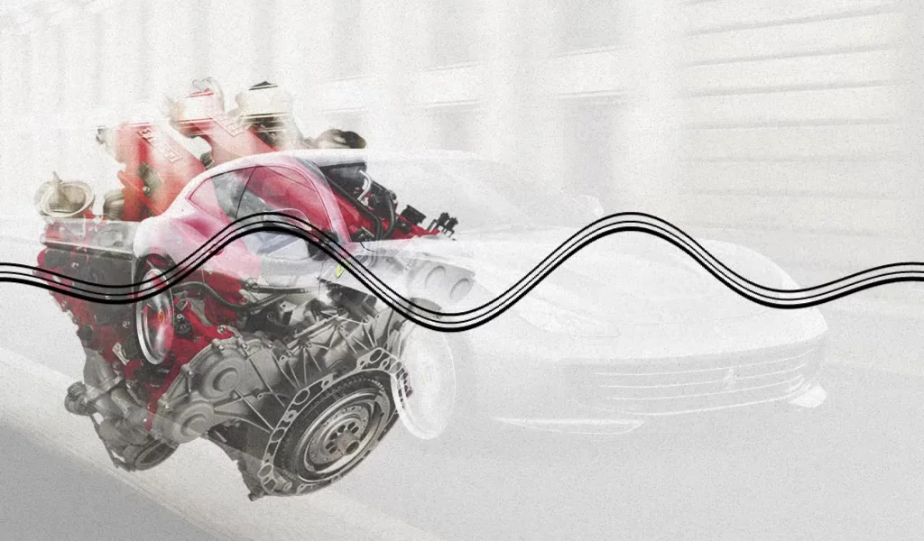 Animazione del Museo dei Motori: il dodici cilindri in trasparenza sopra la sagoma della vettura