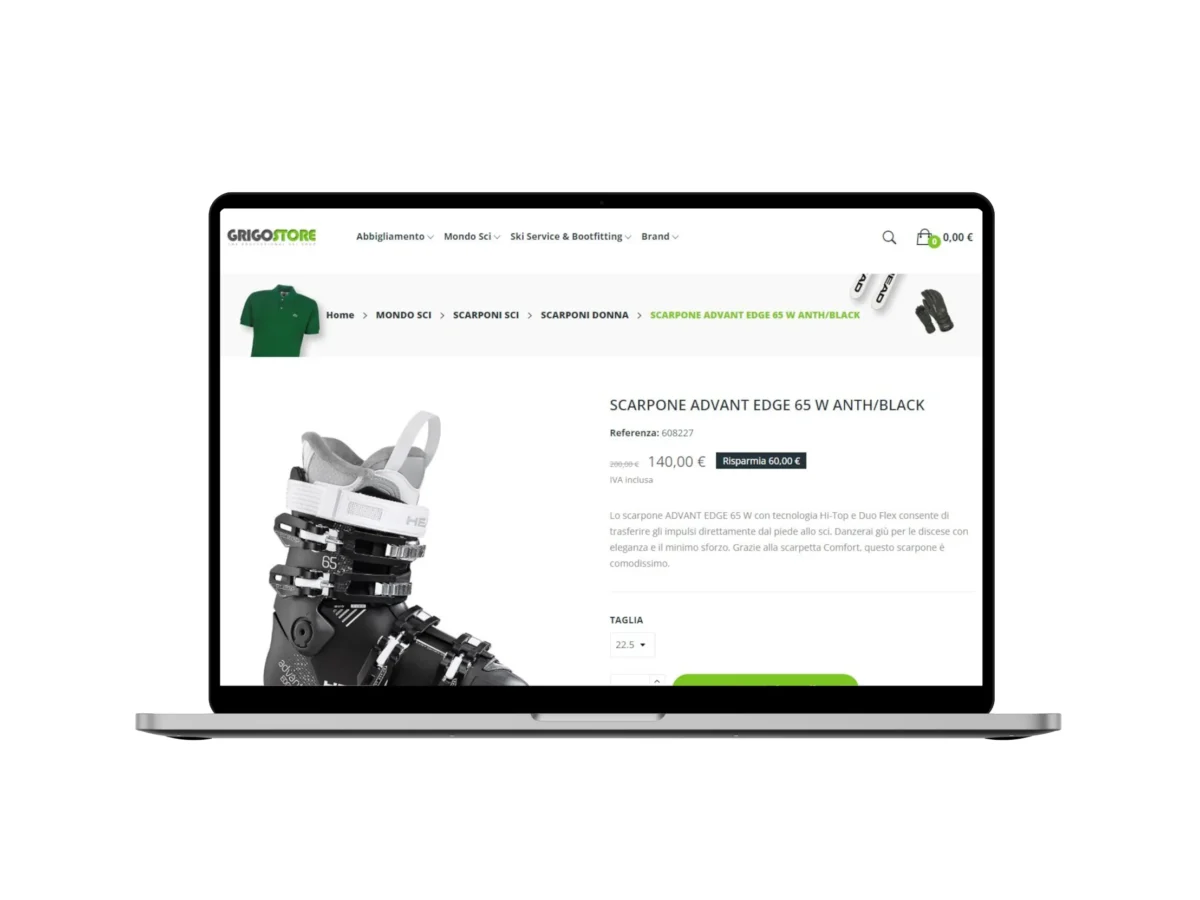 Scheda prodotto di uno scarpone da sci sull'e-commerce Grigo Store