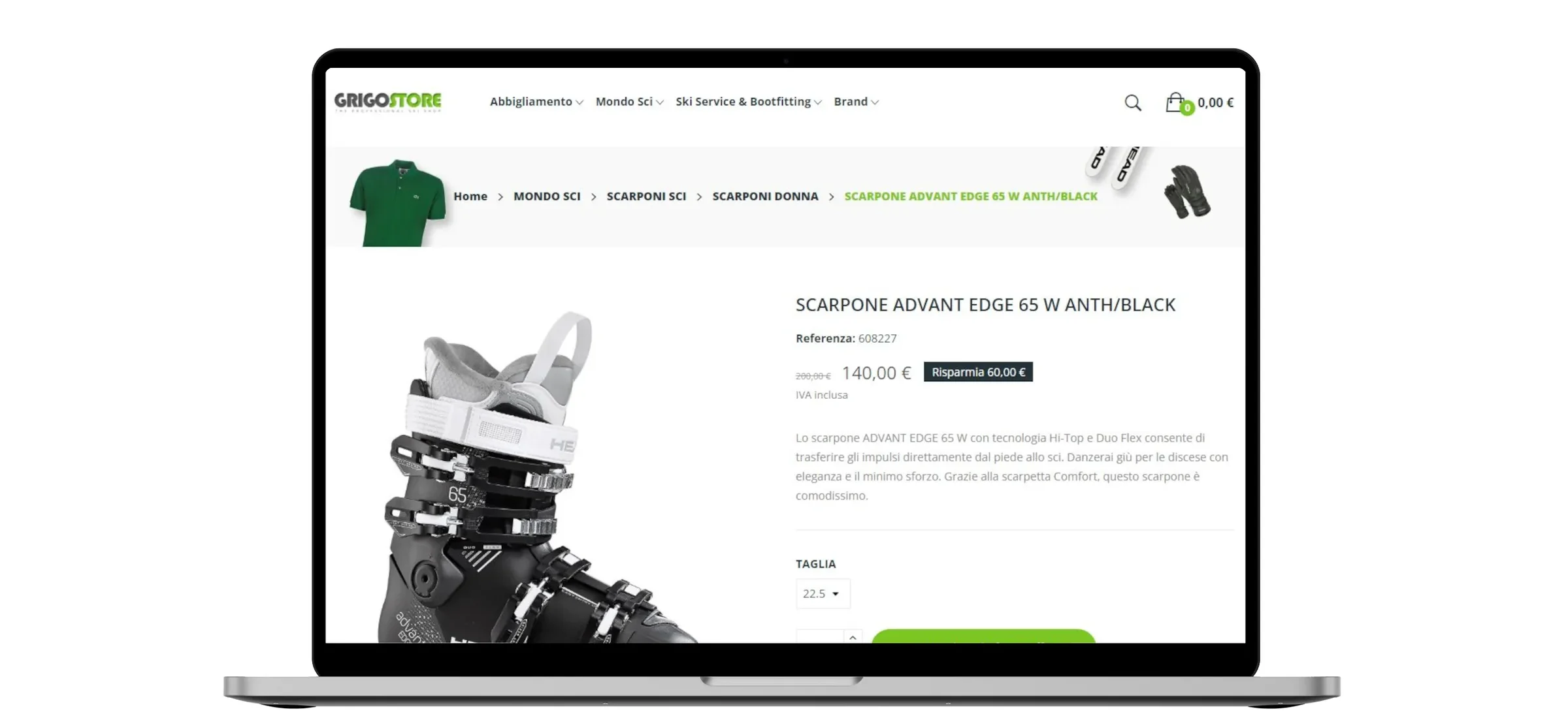 Scheda prodotto di uno scarpone da sci sull'e-commerce Grigo Store