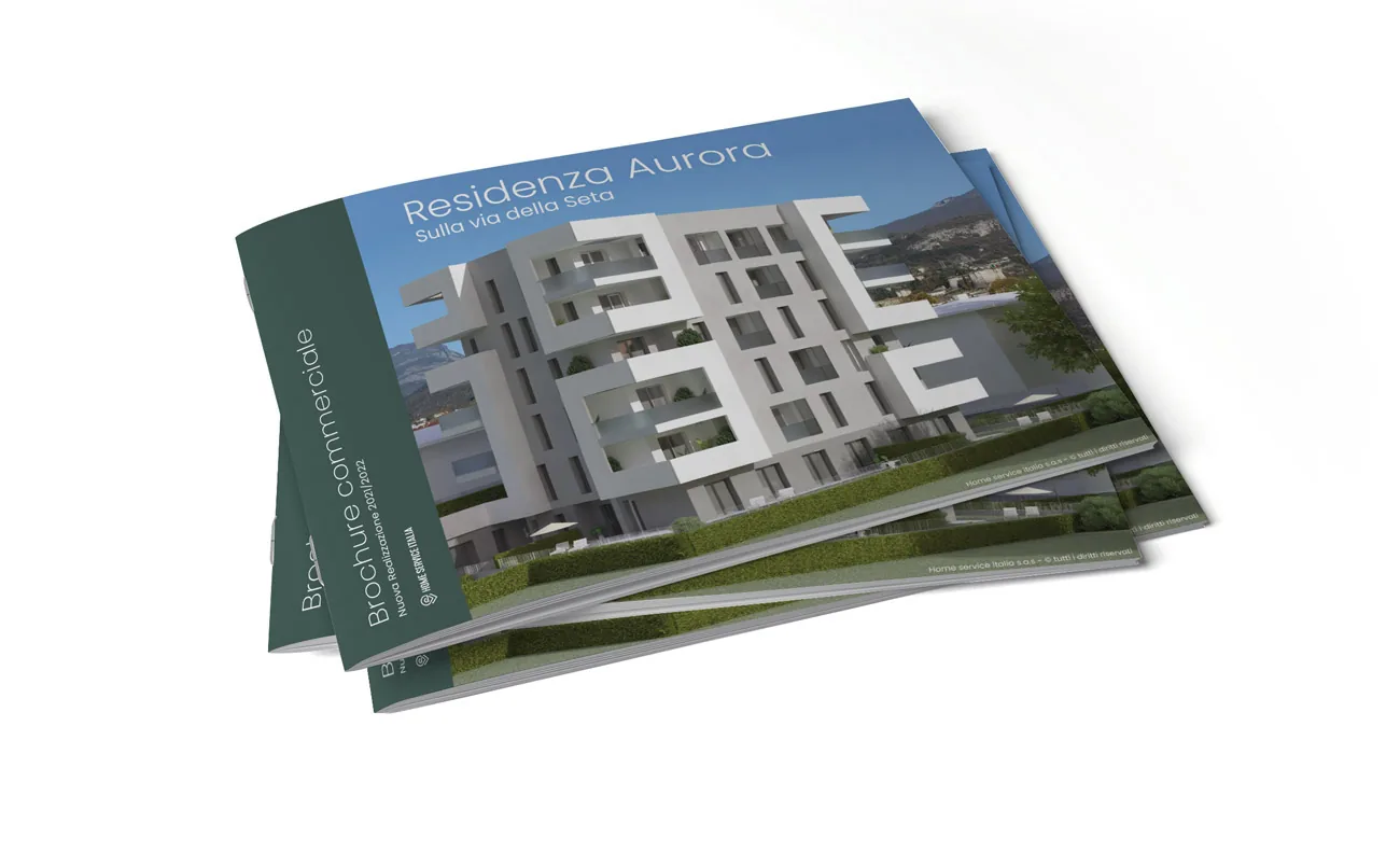 Brochure della Residenza Aurora con il rendering dell'edificio