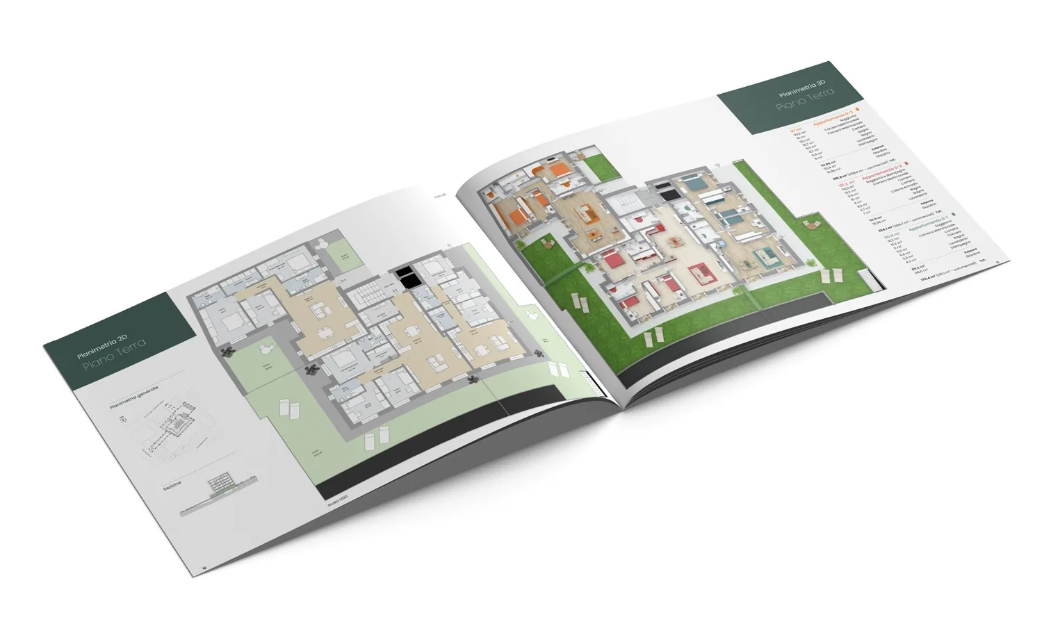 Brochure aperta sulle planimetrie degli appartamenti