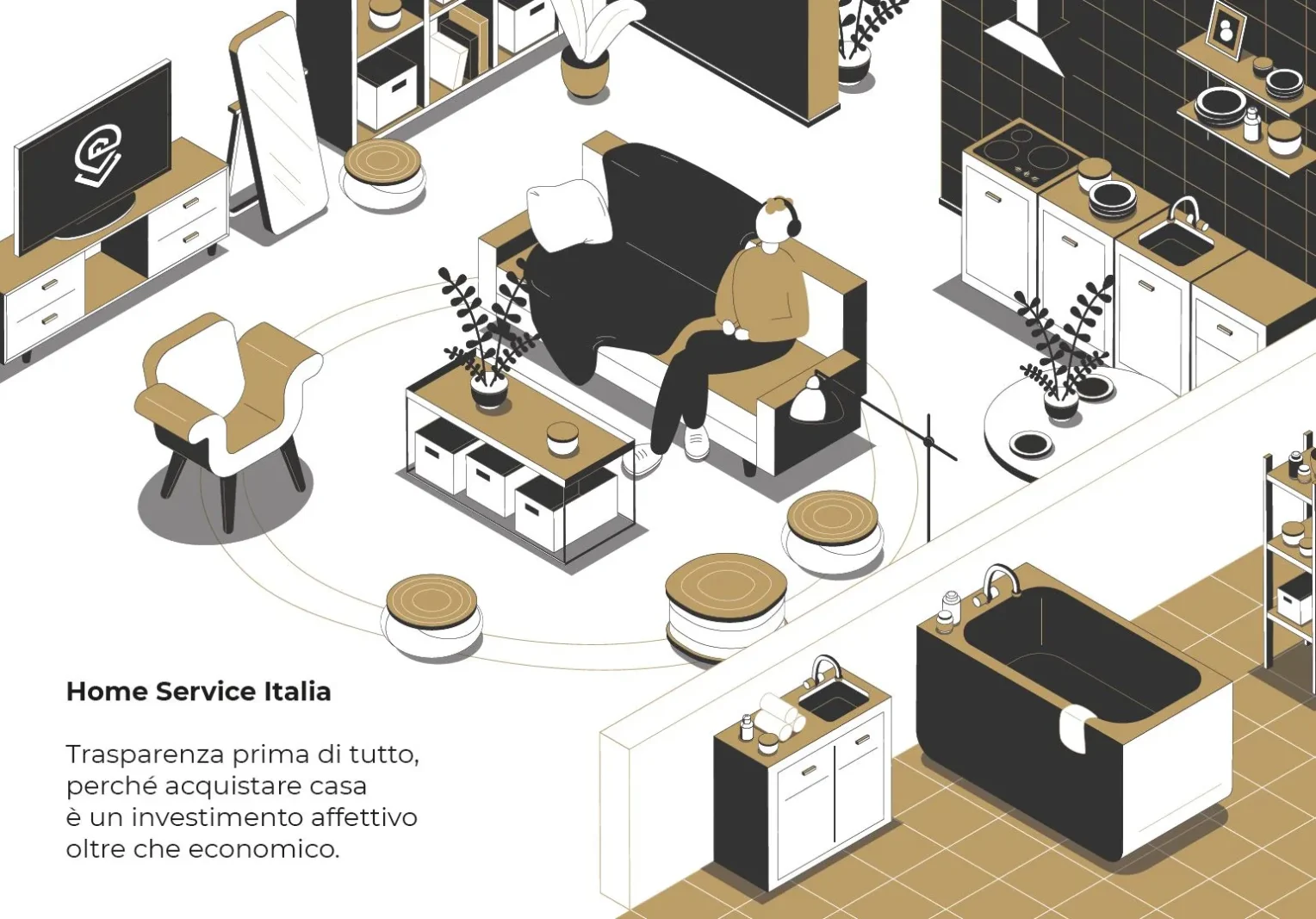 Illustrazione degli interni con il claim di Home Service Italia