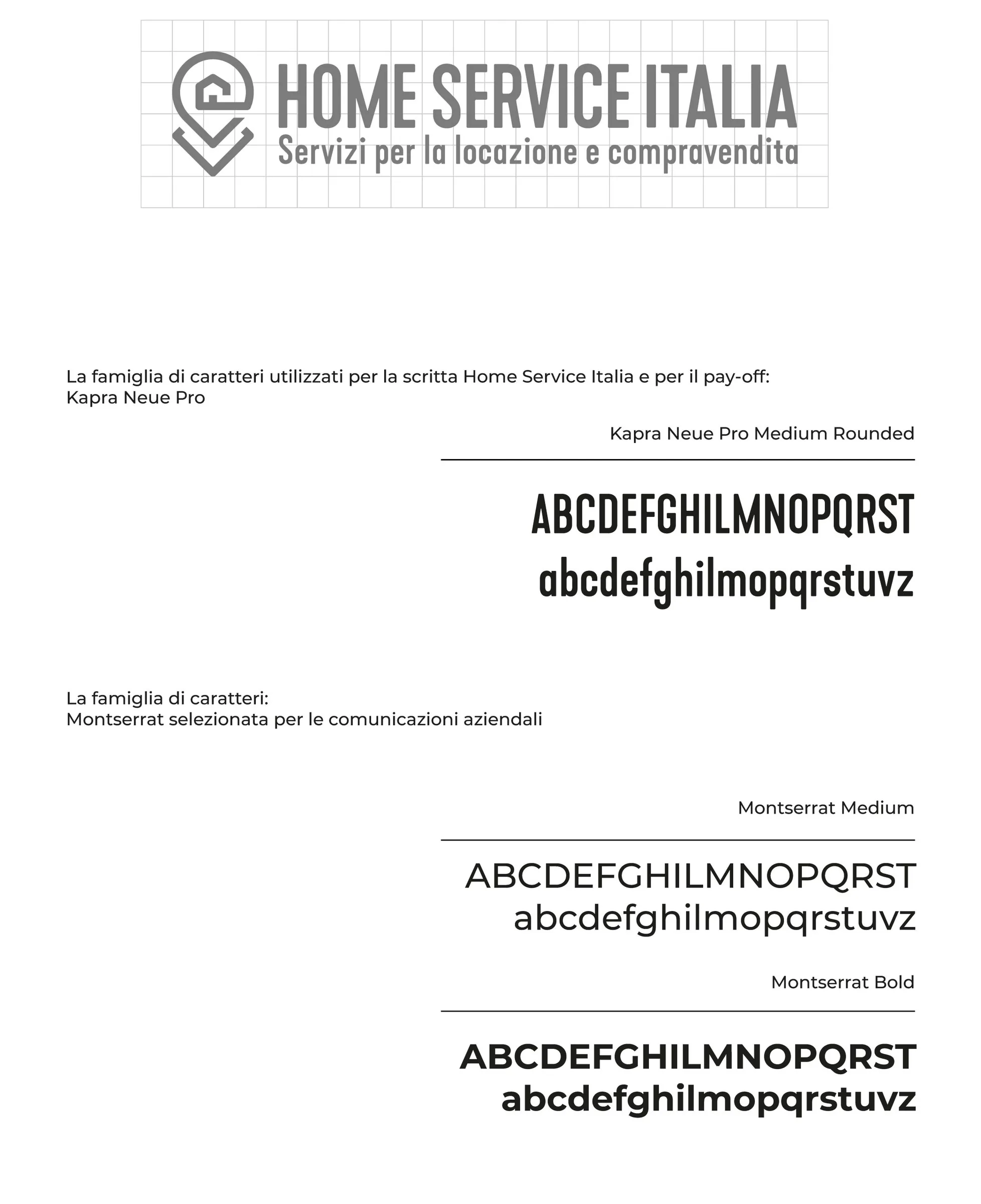Pagina del manuale d'immagine di Home Service Italia con le famiglie di caratteri