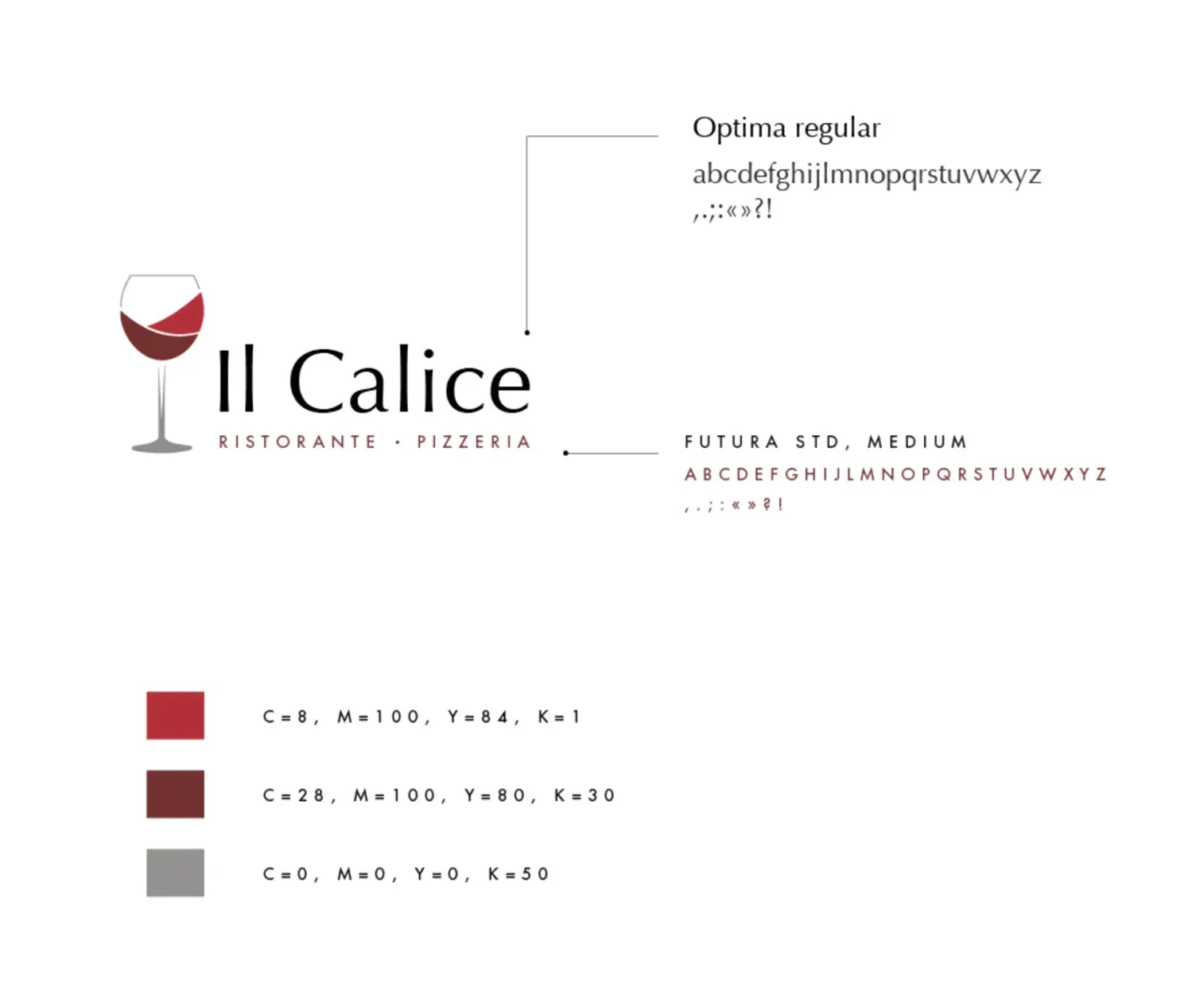 Tavola del marchio Il Calice con caratteri e colori istituzionali