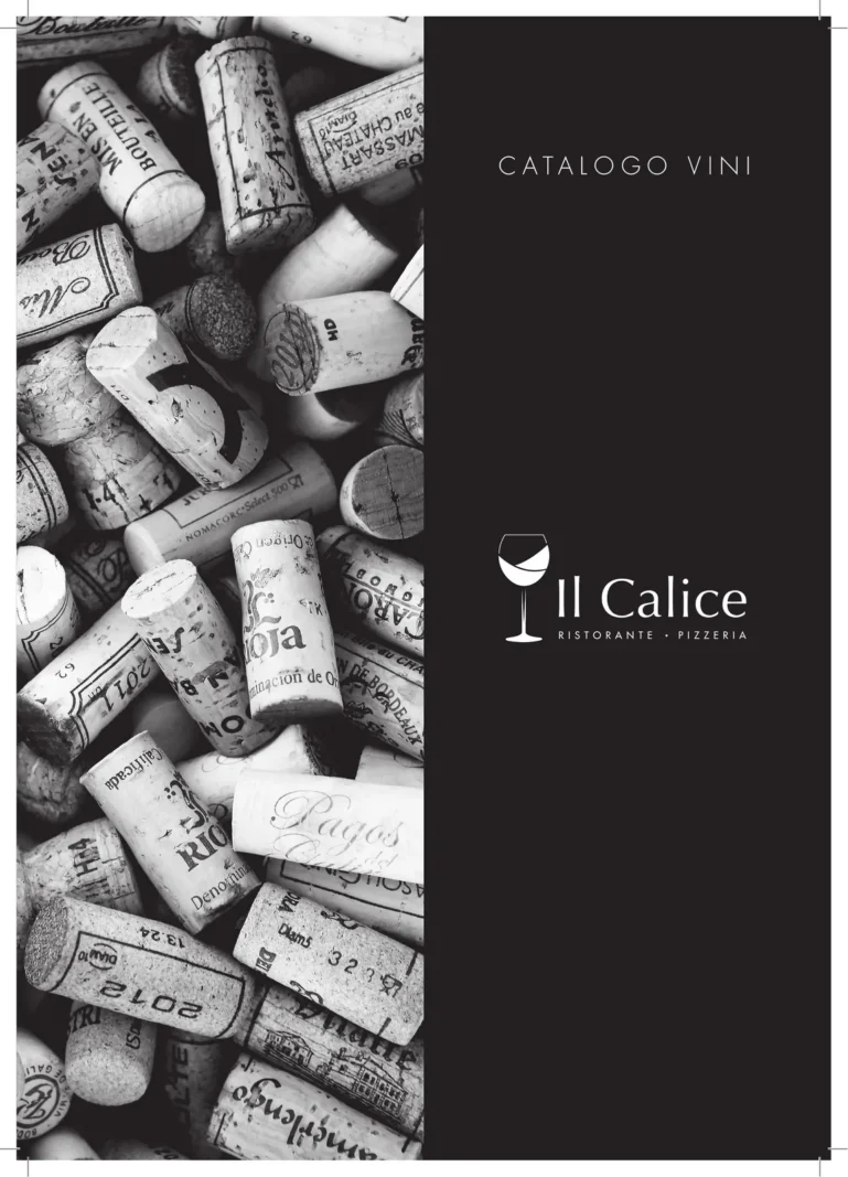 Copertina del catalogo vini Il Calice, tappi in bianco e nero su fondo nero