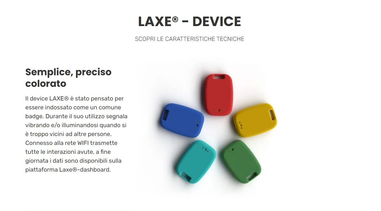 Scheda prodotto LAXE con il dispositivo nelle cinque varianti di colore