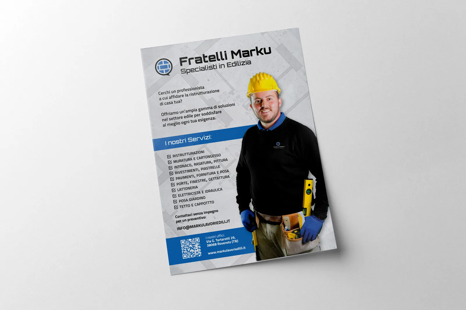 Flyer Fratelli Marku con un operaio in cantiere