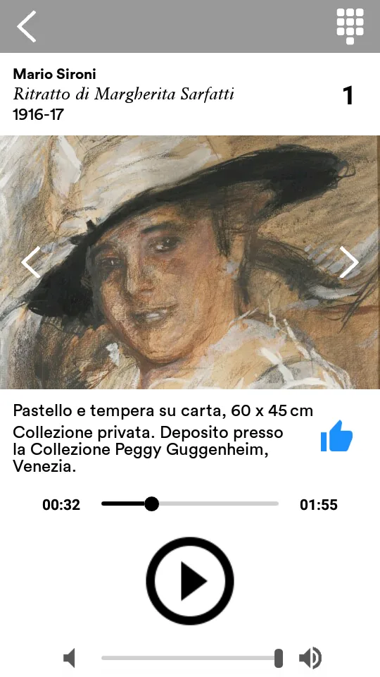 La schermata di ascolto: l'opera, la didascalia e i comandi dell'audio