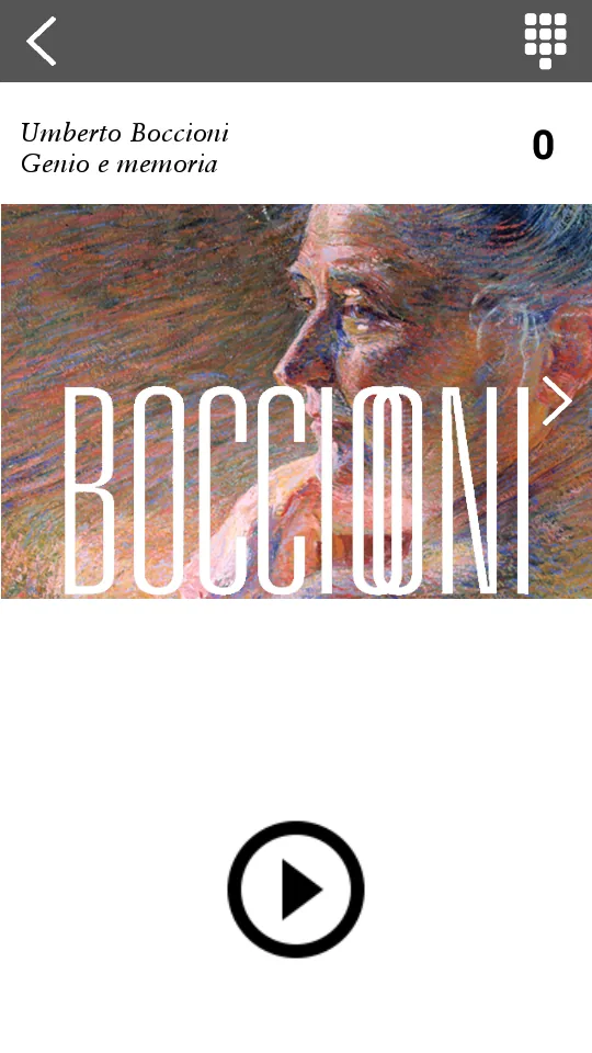La copertina di una mostra, con il tasto che fa partire il racconto