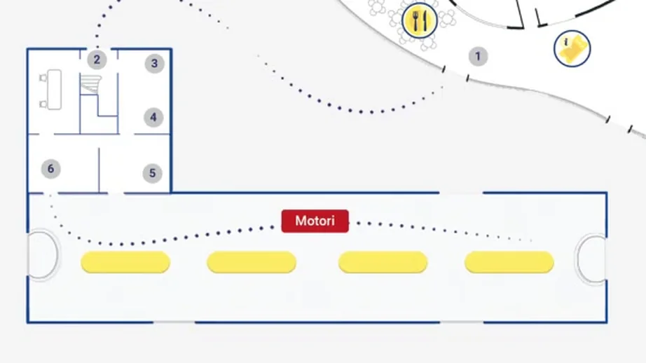 Una delle mappe animate: le sale numerate e il percorso fino al Museo dei Motori