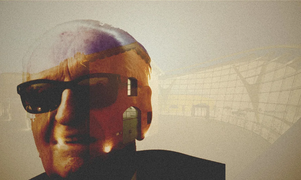 Copertina di una storia della guida: il volto di Enzo Ferrari che si dissolve nella copertura del padiglione