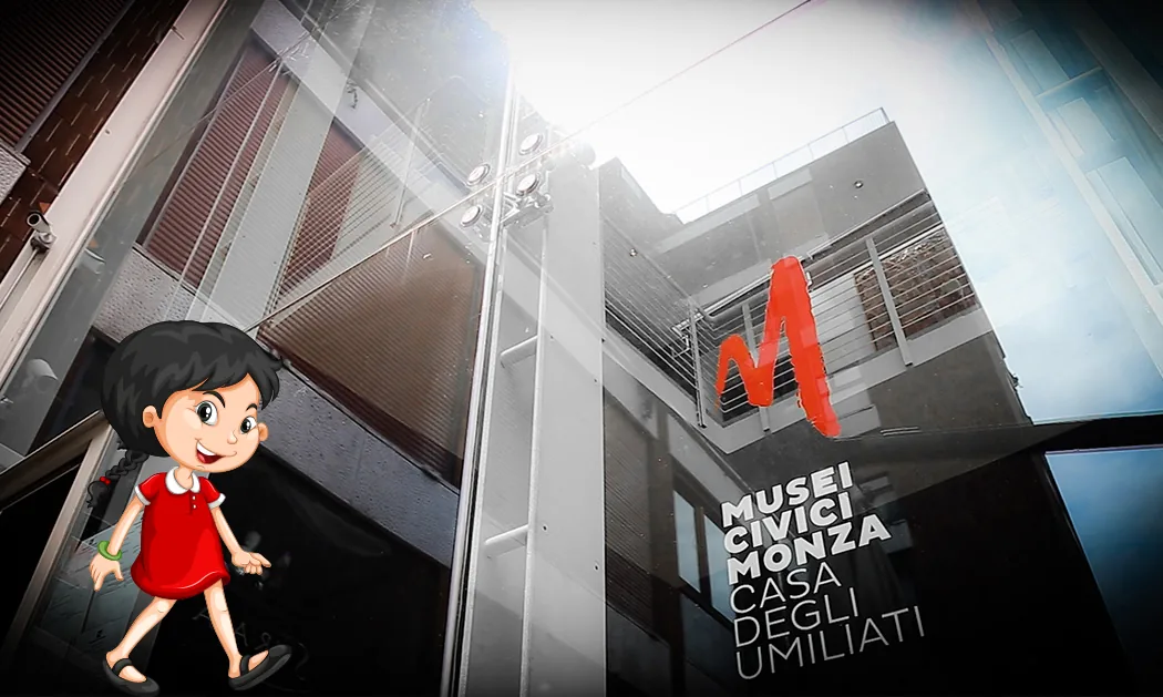 La copertina del percorso bambini: il personaggio che cammina davanti alla facciata della Casa degli Umiliati