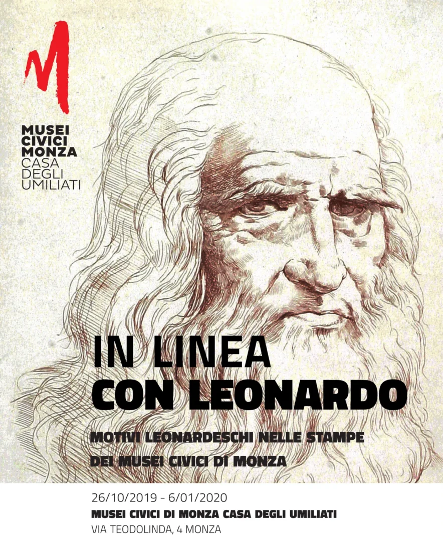 Il manifesto della mostra «In linea con Leonardo», con l'autoritratto a sanguigna e le date