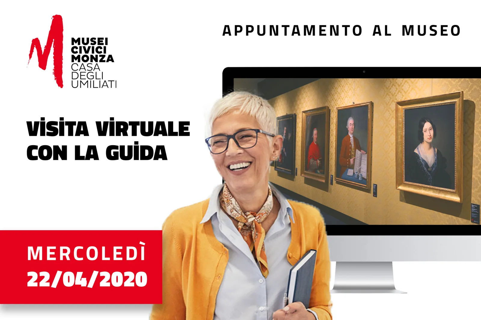 La grafica dell'appuntamento del 22 aprile 2020: visita virtuale con la guida, in diretta dalla galleria dei ritratti